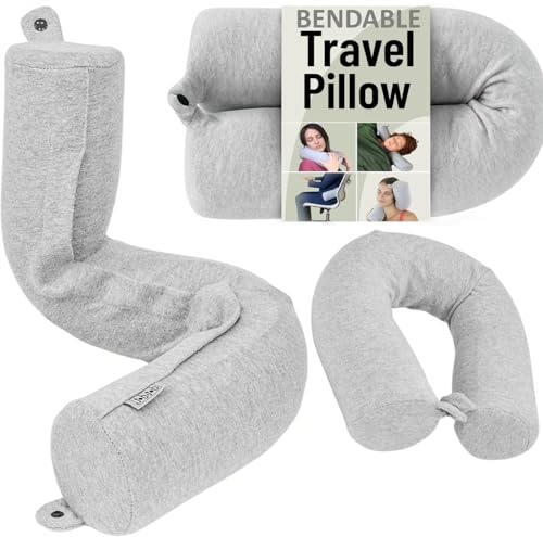 Dot&Dot Twist Memory Foam Travel Pillow, Bendable Neck Pillow for Airplane, Car and Home, 26-Inch Adjustable Roll with Washable Cotton Cover, Gray