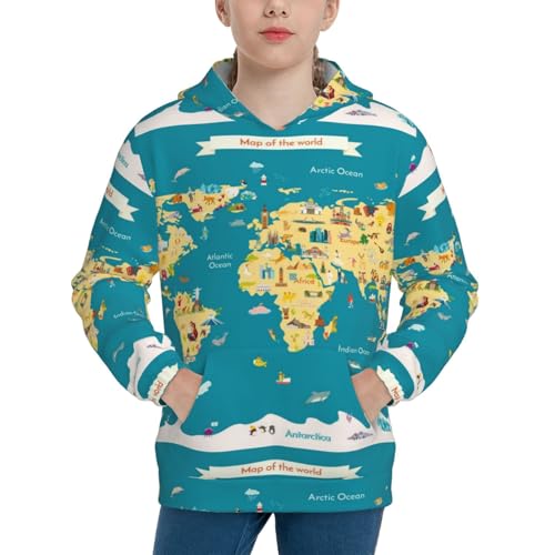 World Map With Landmarks Kid Hoodies Boys Sweatshirts Girls Pullover with Pocket