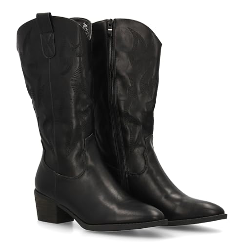 shoes&blues.es 95531 Bota Cowboy con Bordados Decorativos en la Cana y Tacon Ancho Comodo. Ideal para Mujer Otono Invierno. Negro Talla 39