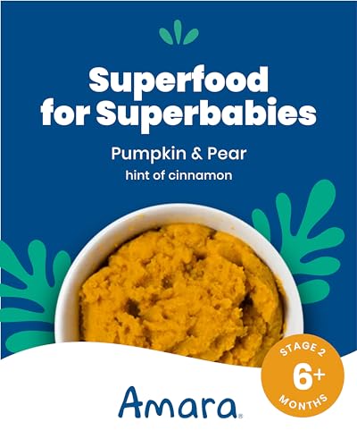 Image of Amara Organic Baby Food - Stage 2 - Pumpkin Pear - Baby Cereal to Mix With Breastmilk, Water or Baby Formula - Shelf Stable Baby Food Pouches Made from Organic Fruit and Veggies - 10 Pouches, 3.5oz Per Serving