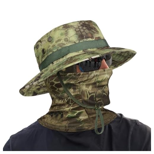 DiULi Chapeau Camouflage Homme Anti-UV Léger avec Cache-Cou Camouflage- Ensemble de Soleil Large Bord + Protection Cou Pliable pour Randonnée, Moto, Chasse - Ajustable (54-62 Cm) - Motif Python Vert