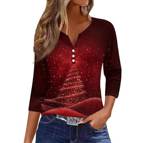 Image of Women Christmas Shirt 3 /4 Length Sleeve Henley Tops Xmas Outfits