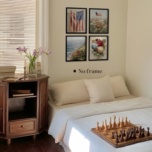 Image of WEFKODO Vintage Patriotic Decor Wall Art for Home Bathroom Bedroom, Vintage Retro America Flag Hydrangea Floral Wall Decor 4th of July Decorations Pictures Posters Prints Set of 4, 8x10 Inch Unframed