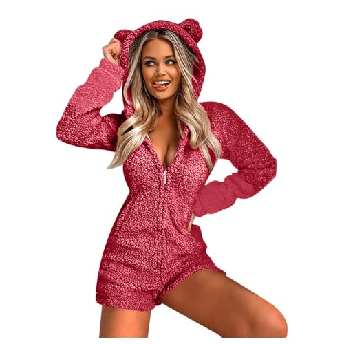 Cute Plush Hooded Jumpsuits for Women Girls Plus Size Romper Sleepwear Casual Winter Warm Coats Pajamas for Womens 2024 Trendy Red