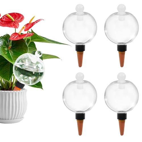 4pcs Plant Self Watering Globes with Covers, Plastic Water Bulbs Top Fill, Plant Watering Devices System Slow Release Terracotta, Water Spikes Stakes for Indoor (4)