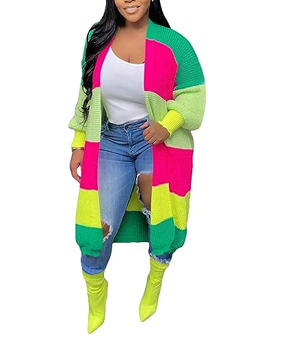 Image of SOMTHRON Women's Fall Cardigan Sweater Open Front Color Block Striped Knit Long Draped Coat Duster Outerwear