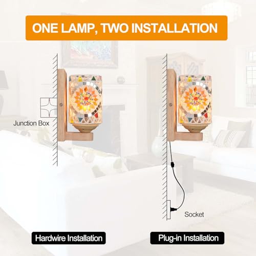 Image of Bedside Colored Mosaic Glass Wall Sconce, Handmade Mediterranean Bohemian Turkish Moroccan Wall Lamp Stained Glass Wall Light Fixtures for Bedroom Living Room Hallway Vanity Corridor Bulb Included