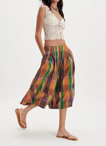 Women’s Summer Plaid Culotte Pants Loose Wide Leg Gingham Capri Pant Casual Baggy Cropped Palazzo Trouser with Pocket3