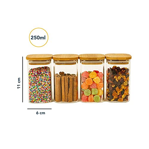 KIT 4 POTES DE VIDRO TAMPA BAMBU QUADRADO FLAT 250ML