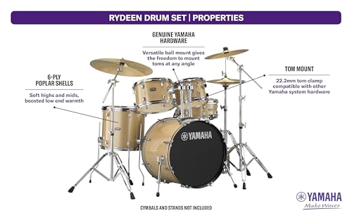 Yamaha Rydeen 5-Piece Drum Set With 22" Bass Drum, Floor Tom, 2 Toms With Ball Clamp And Wood Snare Drum, Champagne Glitter - Image 5