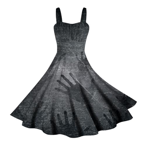 Disfraz de Halloween 2025 Vestido de Halloween para mujer con estampado sin mangas, cintura con tirantes y personalidad, falda swing C (gris, XL)