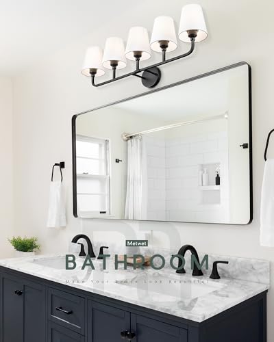 Image of Bathroom Light Fixtures, 5 Light Matte Black Vanity Lights with Flared White Fabric Shade, 35 Inch Wall Sconce, Modern Sconces Wall Lighting for Hallway Bedroom, VL837-MB-5