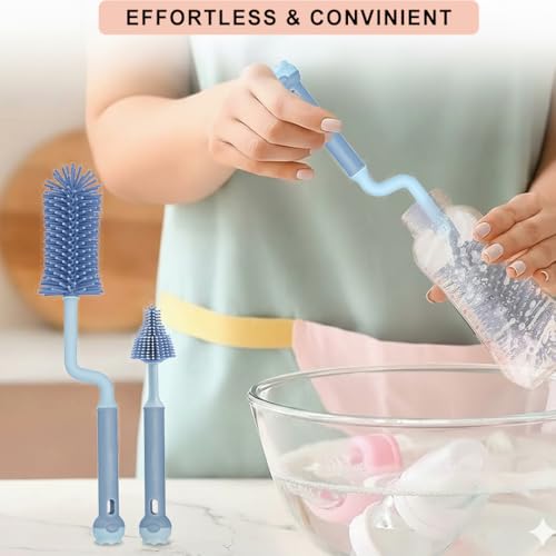 Image of TONY STARK Baby 360 Rotating Silicone Bottle Cleaning Brush & Nipple Cleaner - Ergonomic Handle, Flexible Bristles for Deep Cleaning Narrow & Wide Neck Feeding Bottles (Blue)