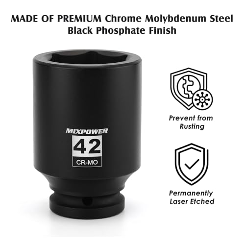 Image of MIXPOWER 3 /4 inch Drive Deep Impact Socket, CR-MO, 42mm, Metric, 6 Point, Axle Nut Impact Grade Socket for Easy Removal