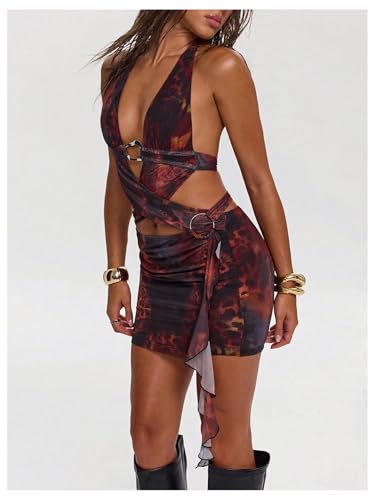 SOLY HUX Women's Tie Dye Halter Mini Dress Y2k Backless Ruffle Asymmetrical Mesh Party Club Dresses3