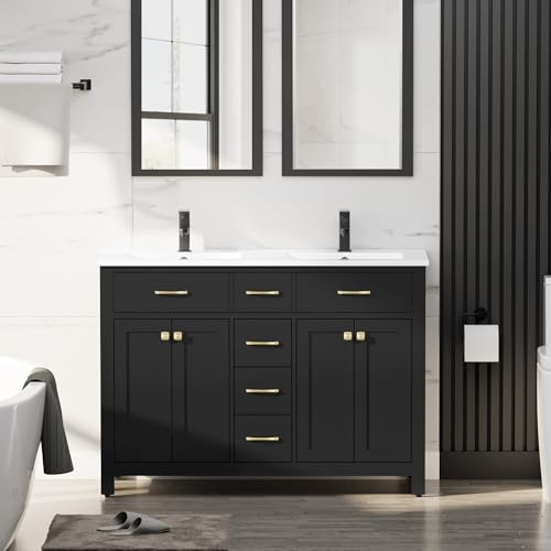 LUCKWIND 48' Bathroom Vanity with Sink Combo, Painted Modern Bathroom Storage Cabinet with Double Resin Sink, Four Doors and Three Drawers, Include Faucet Without Mirror, Black