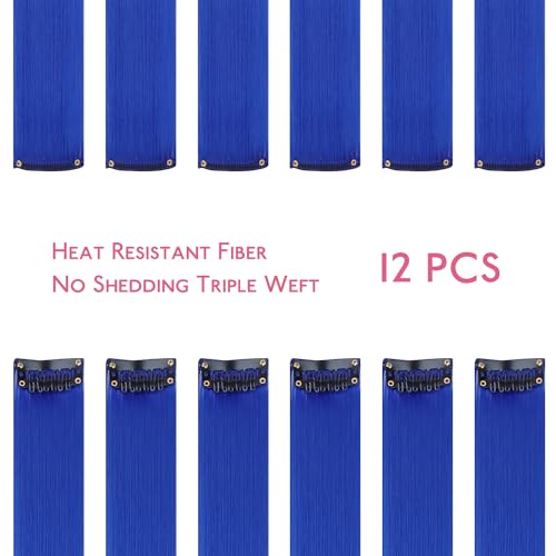 Image of WENNALIFE 12 PCS Blue Hair Extensions Clip in, Colored Clip in Hair Extensions for Kids Highlights Rainbow Hair Clips for Girls Synthetic Straight Pop-up Style Colorful Festival Girls Hair Accessories