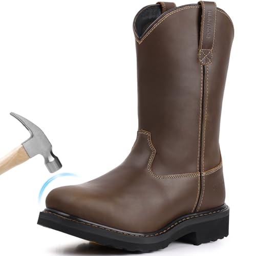 Men's Steel Toe Work Boots - Puncture Proof with EVA Mid-Sole, GoodyearWelt, Full-Grain Leather, Oil & Slip Resistant, Wellington Put On Design - Ideal for Construction, Farming (Dark Brown, Size 7)