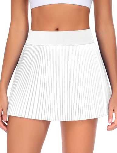 Joygirl 13' Pleated Tennis Skirts With Shorts Women Pleated Mini Golf Skorts With Pockets High Waisted Athletic Casual Skirt (White,Xs)