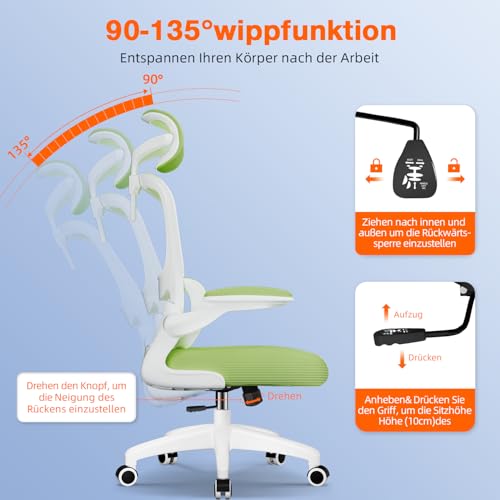 Aiidoits Bürostuhl, Bürostuhl Ergonomisch mit Lendenwirbelstütze, Klappbaren Armlehnen und Höhenverstellbarer, Wippfunktion bis 135°… – Ansicht 4
