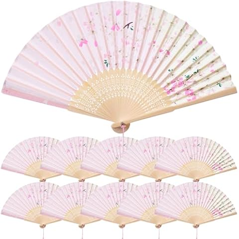 QIRMIZI 10 Pieces Handheld Fans, Silk Folding Fans, Floral Folding Fans for Birthday,Dancing, Cosplay, Weddings, Parties, and Events,Pink Blue Cover