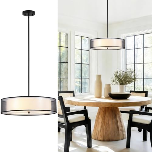 Wynterhaven 20 Inch 3-Light Black Drum Chandelier, Modern Pendant Light Fixture with Double Drum...