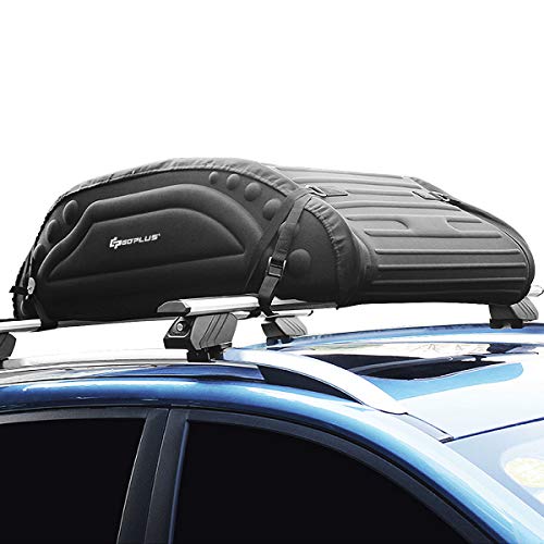 GOPLUS Coffre de Toit Voiture Pliable, 4 Cordons d’Attachement, Sac de Toit Voiture Utilisable avec ou sans Barre de Toit, Surface Imperméable, Charge 60KG, Sac de Transport, Sangle de Sécurité Dedans
