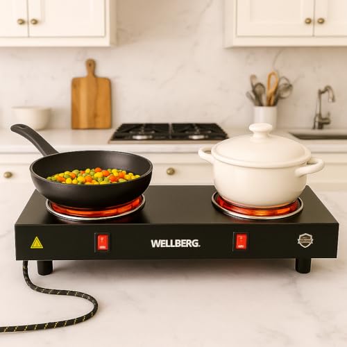 Image of Wellberg 2000W Double Coil Electric Hot Plate | Dual Burner Portable Stove with 2 Independent Switches | Compact Cooktop for Home, Hostel & Travel