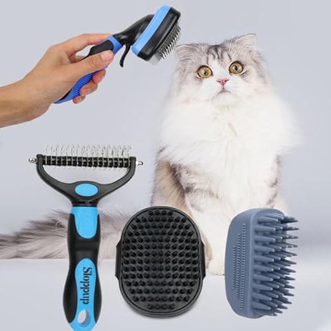 Dog Brush Kit for Grooming Short & Long Haired Dogs & Cats, 4-in-1 Pet Grooming Set with Self-Cleaning Slicker Brush, Deshedding Tool, Shampoo Bath Comb, Massge Comb (Blue Black)-AJrA2qvu