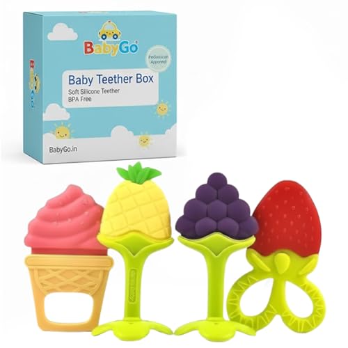 Image of BabyGo Teething Baby Chew Toys | BPA-Free Soft Silicone Teether for Babies 6-12 Months | Natural Organic Freezer-Safe Teething Toy for Toddlers | Gum Pain Relief Teether Set (4 Pack)