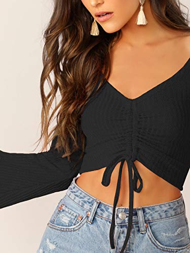 Image of SweatyRocks Women's Adjustable Drawstring String Long Bell Sleeve Rib Knit Sexy Crop Top