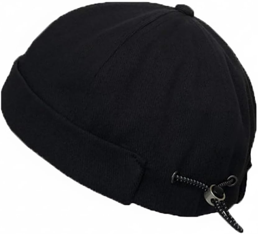 Brimless Hats for Men Adjustable Docker Hat Casual No Brim Hat Visor-Less Flip Hat Sailor Skullcap Leather Buckle Street Casual Docker Beanie Skull Caps Miki Hat (Black)