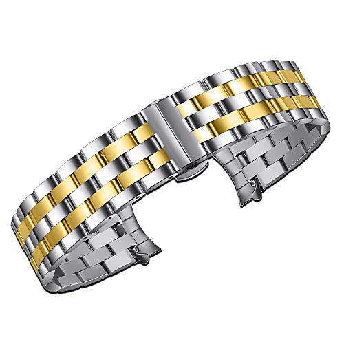 時計ベルト 12mm 14mm-24mm ステンレス鋼 防水 防汗 Dバックル 両開き/観音開き尾錠 錆び難い ウォッチバンド 金属腕時計ベルト 交換工具付き ボックス付き 男女兼用（ゴールデン/シルバー-5/ニュー スタイル/16mm）