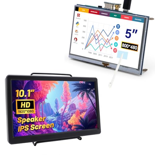 Image of 5 Inch Resistive Touch Screen TFT 800x480 LCD Display + 10.1 Inch IPS Capacitive Portable Monitor 1920x1080P Built-in Dual Speakers LCD Display with HD VGA Port, Compatible with Raspberry Pi, Windows