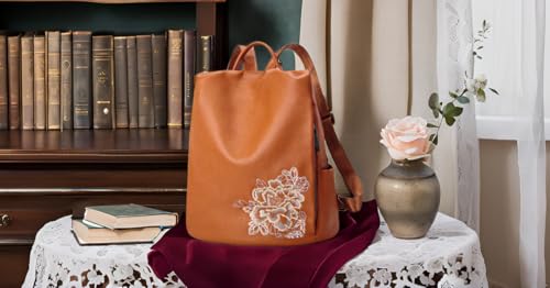 Image of BOYATU Genuine Leather Backpack for Women: Elegant Floral Designer Purse - Small Shoulder Bag for Travel (Brown)