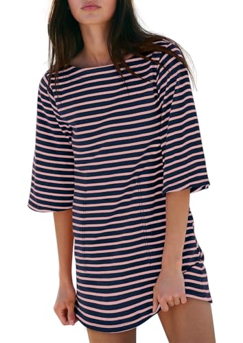 Image of Yousify Women's T Shirt Dress Cotton Summer Dresses 2026 Casual Loose Short Sleeve Striped Mini Dress with Pockets