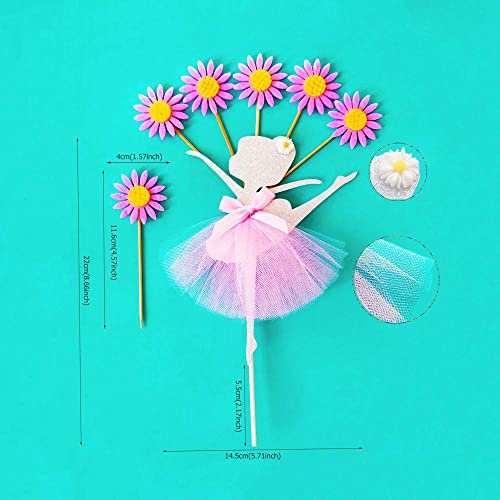 Silver Glitter Ballerina In Tulle Tutu Cake Decoraion, Pink Sunflower Happy Birthday Cake Topper For Ballet Theme Party Supplies #TOP3