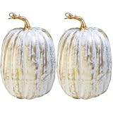 Winlyn 2 Pcs Large Artificial Pumpkins Gold Brushed White Faux Pumpkins Fall Harvest Pumpkins Decorative Foam Pumpkins 8.7' for Autumn Wedding Baby Shower Thanksgiving Holiday Party Table Decorations