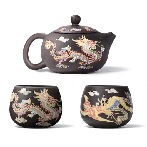 Hormsdar Hand-made Dragon and Phoenix Color-changing Purple Clay Teapot Zisha Tea Set Kettle Kung Fu Tea Pot Tea Lover‘s Gift (Teapot+2*Cups)