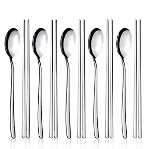 IQCWOOD Spoons and Chopsticks Set, 5 Pairs Stainless Steel Flat Chopsticks, 5 Set Korean Spoons, Metal Reusable Chop Sticks Dishwasher Safe for Home, Kitchen or Restaurant