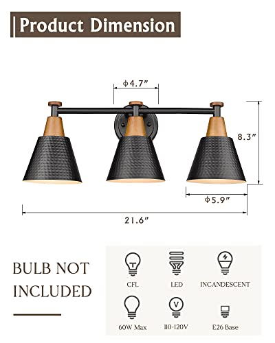 Image of FEMILA Black Bathroom Light Fixtures, 3-Light Bathroom Vanity Lights Over Mirror with Hammered Metal Shade, Modern Wall Lamp for Kitchen Bedroom Living Room,4FG59B-3W BK