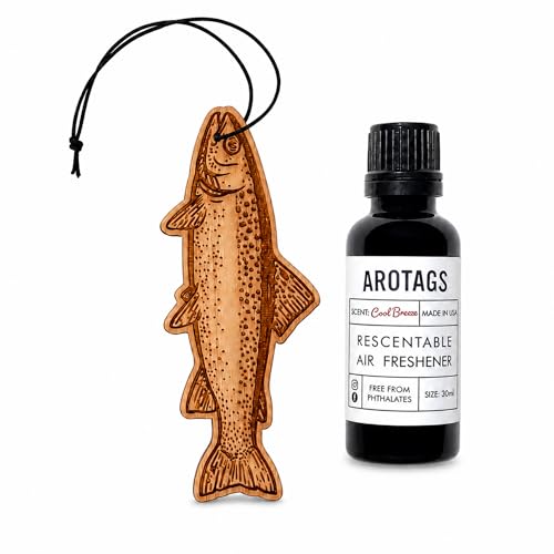 Image of Arotags Trout Car Air Freshener Kit, Cool Breeze Scent, Refillable Wood Hanging Diffuser with 30 mL Fragrance Oil