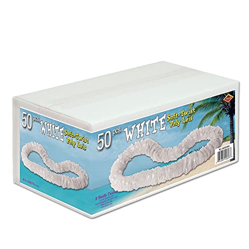 Beistle Soft-Twist Poly Leis w/Labeled Box (white), 50 White Leis Per Package, 1½" x 36"