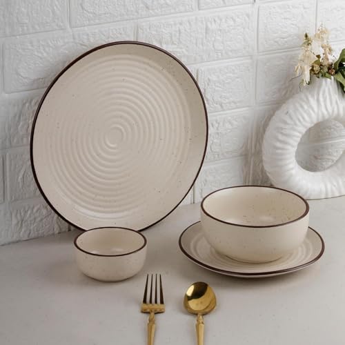 Image of The Earth Store Handcrafted Spiral White Ceramic Dinner Set, 30 Pieces Serving for 6, Microwave and Dishwasher Safe, Bone-Ash Free, Dinner Sets | Crockery Set for Gifting & Dining
