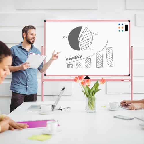 Image of Large Dry-Erase Rolling Magnetic Whiteboard - 48 x 32 Inches Dry Erase Board with Stand Height Adjust Double Sides Mobile White Board Easel on Wheels with 25 Sheets Paper Pad Office, Home & Classroom