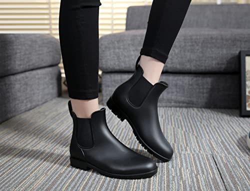Acfoda Gummistiefel Damen Kurzschaft Regenstiefel Wasserdicht Lack Regenschuhe Frauen Gummistiefeletten Ankle Chelsea Boots mit Blockabsatz Schwarz Gr.39