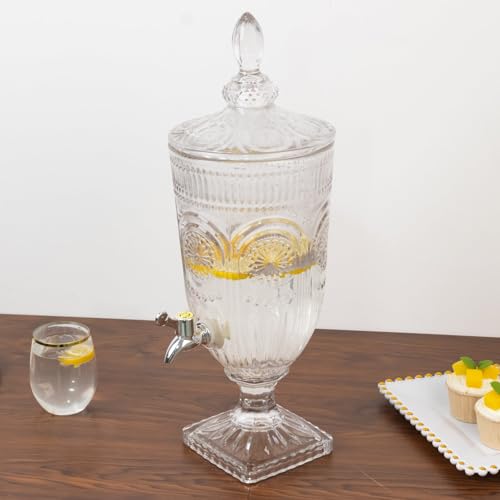 Efavormart 3L Vintage Cut Glass Beverage Dispenser - Floral Medallion Pattern - 19' Tall Drink Server with Lid and Spigot