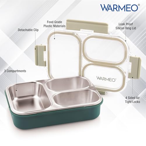 Image of WARMEO BENTO Microwave-Safe Stainless Steel Lunchbox with 3 compartments,bpa Free,Perfect for Office, School, Travelling, 750ml-Green