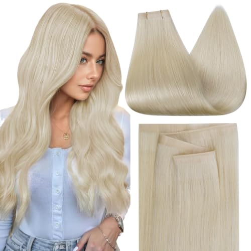 Image of Full Shine Hand Tied Tape in Extensions Human Hair, 60 Ash Blonde | 50g 20 Inch, Human Hair Tape in Extensions with Skin Weft and Silky Straight Texture, Bridal Hairstyles and Lightweight Wear