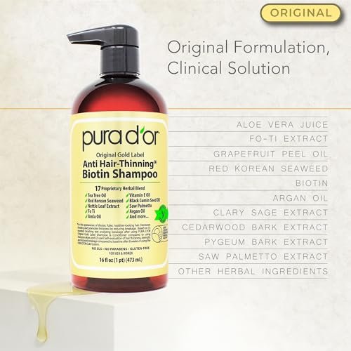 PURA D'OR Anti-Thinning Biotin Shampoo and Conditioner Natural Earthy Scent, CLINICALLY TESTED Effective Results, Herbal Blend Thickening Products For Women & Men, Original Gold Label Set, 16oz x2 | Deep Moisturizing, Conditioner, CLINICALLY TESTED, Effective Results, Hair Thickening, Product
